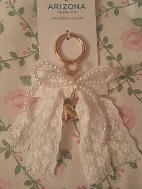 Arizona Jean Co' White Lace & Pearl Bow Keychain,Handbag Charm with Gold Heart💛